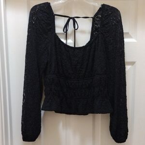 Cute Black Lace Long Sleeve Top With A Gathering Under Bust And At Waist